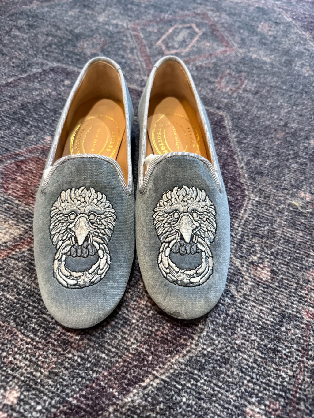 Women's Grey Velvet Embroidered Loafers